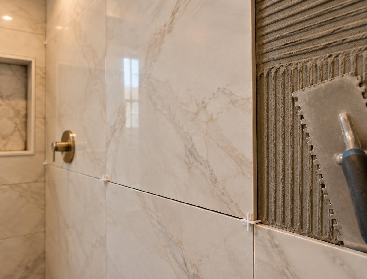 Large-format shower tile installation