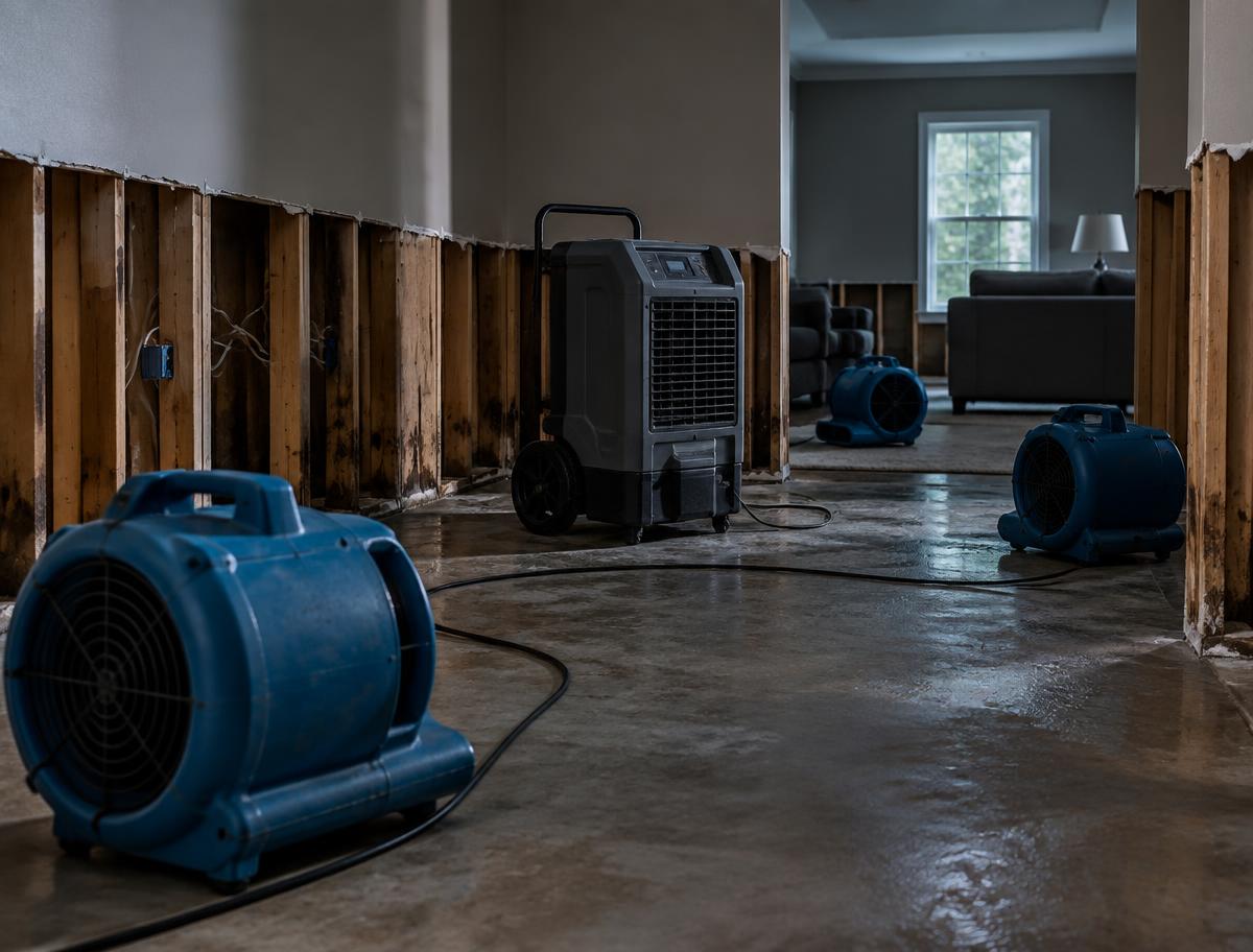 Air movers and dehumidifier drying a water damaged room